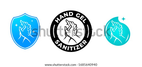 Hand gel sanitizer vector label with water drop,\
shield and hand logo.  Hand sanitizer icon for healthy safe product\
package tag