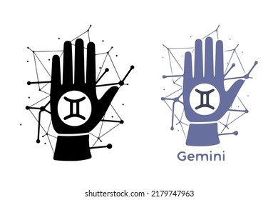 Hand with Gemini symbol isolated on white background. Horoscope fortune telling art. Constellation doodle design.