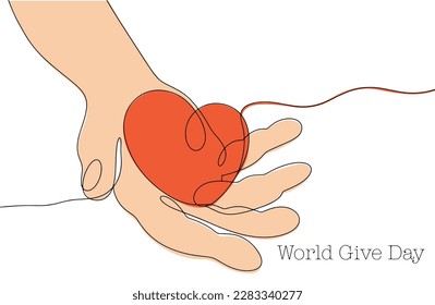 A hand of generosity and help. Showing generosity. A person gives his love to others. One line vector illustration. World Give Day. Color illustration for different uses.