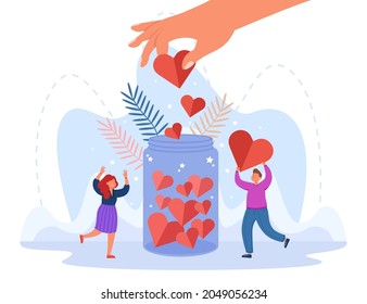 Hand of generous person putting heart in jar. Volunteers giving donations flat vector illustration. Charity, love, support, health, hope community concept for banner, website design or landing page