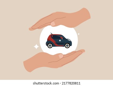 Hand gently cover car metaphor of car insurance. Car insurance or automobile protection, vehicle safety guard or assurance cover for transportation accident, security shield.