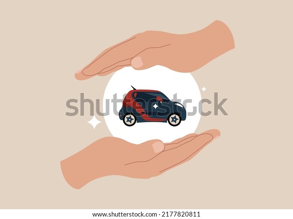 Hand gently\
cover car metaphor of car insurance. Car insurance or automobile\
protection, vehicle safety guard or assurance cover for\
transportation accident, security\
shield.