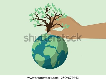 Hand gently cradles the Earth, with a small tree growing from its surface, symbolizing care for our planet. Environmental social governance. Sustainability illustration	