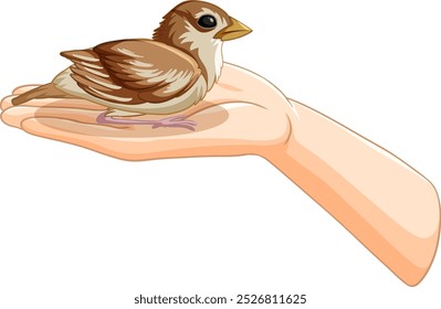 A hand gently cradles a small brown bird