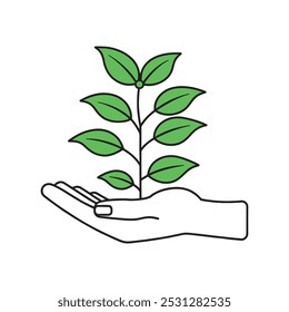 Hand gently cradles a small plant while the other hand holds another plant, symbolizing care and growth isolated doodle line art flat vector illustration on white background.