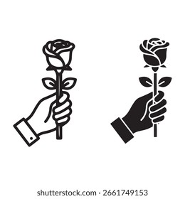 A hand gently grasps a rose stem, presented in two distinct artistic styles.