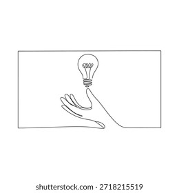 Eine Hand, die sanft eine glühende Glühbirne in einem minimalistischen Linien-Art-Stil hält