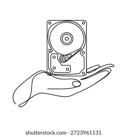 Una mano sosteniendo suavemente una unidad de disco duro en un solo dibujo de línea