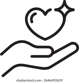 Hand Gently Holding a Heart with a Sparkle Symbolizing Love Giving Care and Charity in Simple Black and White Outline