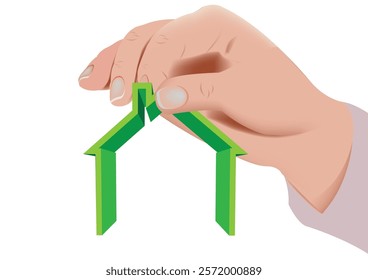 Hand gently holding a miniature green house, symbolizing eco friendly living, sustainable housing, and environmental responsibility
