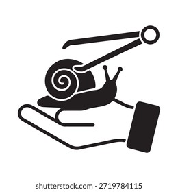 A hand gently holding a snail with a pair of calipers measuring it