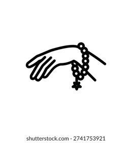 A hand gently holding a string of beads with a cross charm