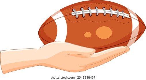 A hand gently holds an American football