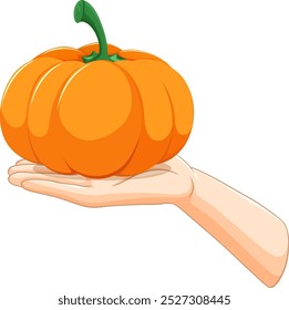 Uma mão gentilmente segura uma abóbora laranja brilhante