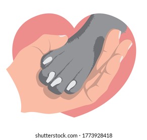 La mano sostiene suavemente la garra de un perro sobre el fondo de un corazón rosado. Símbolo de amor para los perros. Comunidad protectora de animales. Diseño plano vectorial.