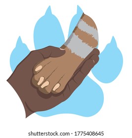 The hand gently holds a dog's paw on the background of the imprint of a blue dog's paw. Symbol of love for dogs. Animal protecting community. Vector flat design.