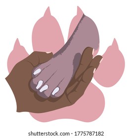 The hand gently holds a dog's paw on the background of the imprint of a pink dog's paw. Symbol of love for dogs. Animal protecting community. Vector flat design.