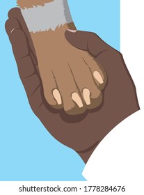 Hand gently holds a dog's paw on a blue background. Symbol of love for dogs. Animal protecting community. Vector flat design.