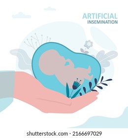 Hand gently holds embryo in placenta. Concept of artificial insemination and embryology. In vitro fertilization helps infertile couples have children. Reproductive technology. Flat vector illustration