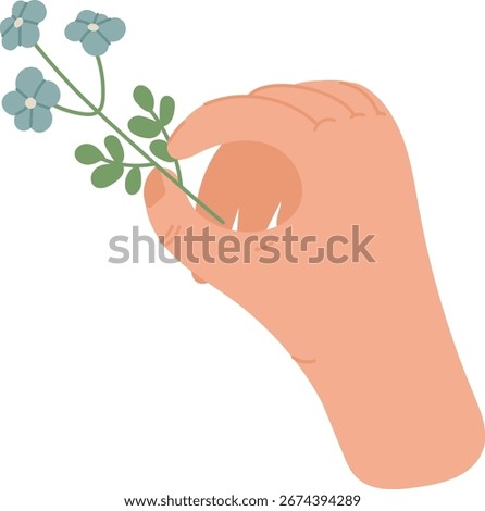 A hand gently holds a small flower stem in a flat vector style. Fingers grasp the floral sprig with care and simplicity. Cartoon vector illustration.