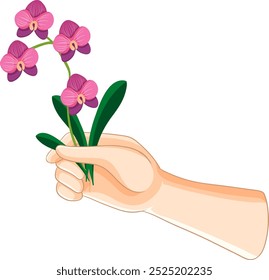 Uma mão gentilmente segura orquídeas rosa vibrantes