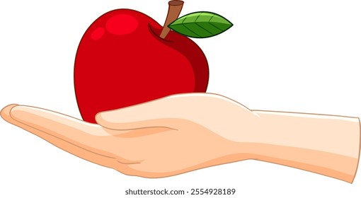 A hand gently holds a vibrant red apple