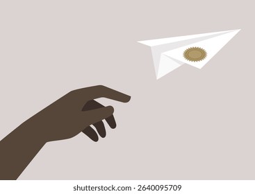 A hand gently releases a diploma paper plane, embodying aspirations and success as it takes flight into a world of possibilities and future endeavors