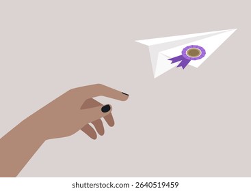 A hand gently releases a diploma paper plane, embodying aspirations and success as it takes flight into a world of possibilities and future endeavors