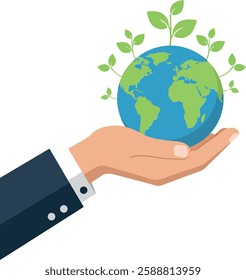 A hand gently supports a globe adorned with vibrant green leaves, symbolizing nurturing the planet and promoting sustainability.