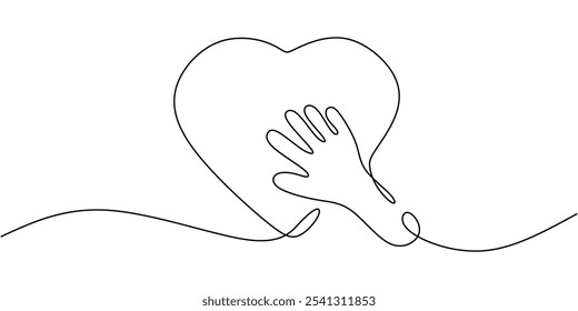 Mano tocando suavemente un corazón en un dibujo continuo de una línea. Concepto de amor. Diseño de Vector minimalista dibujado a mano.