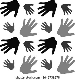 Hand geometric seamless monochrome pattern. Five finger hand open symbol, logo. Human, adult, children's palm, hand black silhouette on white background. Cool vector illustration.
