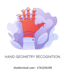 Hand geometry recognition used for access and authentication for devices. Fingerprint detection used as password. Characters arm and decorative foliage. Biometric data for identification vector