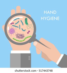 Hand germs under magnifier glass concept. Stock vector illustration for hand hygiene, public health, risk of spreading illness by dirty infected  palm with microscopic viruses and bacteria. Flat style