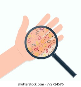 Hand germs under magnifier glass. Clipart image isolated on white background