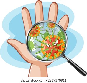 A hand with germs under magnifying glass illustration