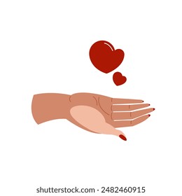 Hand gesture about love. Hand giving love. Hearts above the palm. Vector illustration.