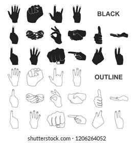 Hand gesture black icons in set collection for design. Palm and finger vector symbol stock web illustration.