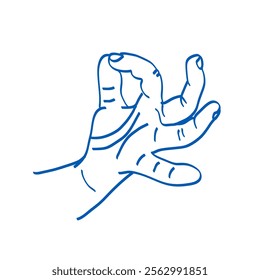 Hand gesture. Blue doodle vector illustration. Index, middle, ring, little fingers and thumb