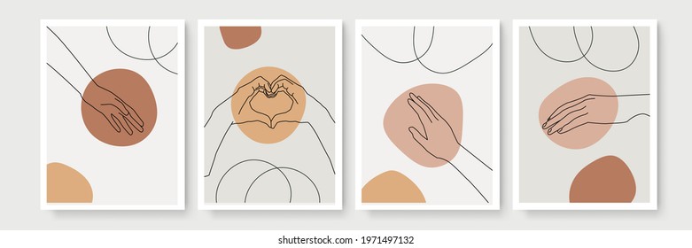 Hand gesture boho style wall art decor. Creative minimalist hand draw abstract art background. Modern illustrations. Bohemian style collection for wall decoration, postcard, poster, brochure