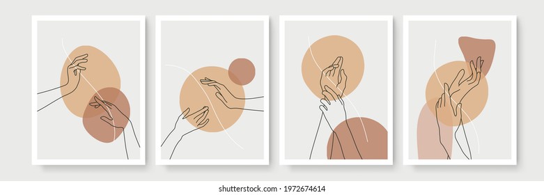 Hand gesture boho style wall art decor. Creative minimalist hand draw abstract art. Modern illustrations. Bohemian style collection