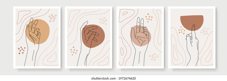 Hand gesture boho style wall art decor. Creative minimalist hand draw abstract art. Modern illustrations. Bohemian style collection