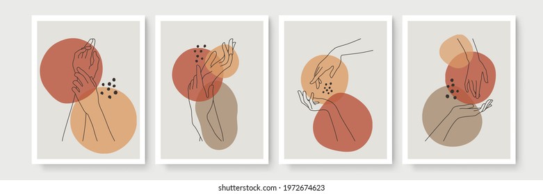 Hand gesture boho style wall art decor. Creative minimalist hand draw abstract art. Modern illustrations. Bohemian style collection