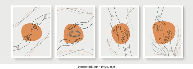 Hand gesture boho style wall art decor. Creative minimalist hand draw abstract art. Modern illustrations. Bohemian style collection