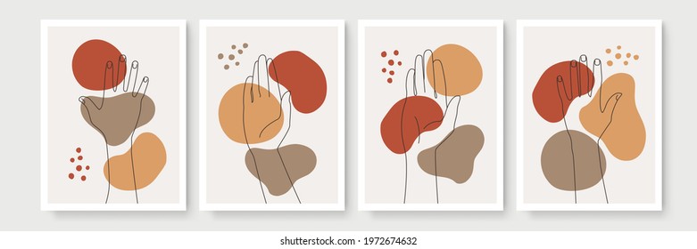 Hand gesture boho style wall art decor. Creative minimalist hand draw abstract art. Modern illustrations. Bohemian style collection