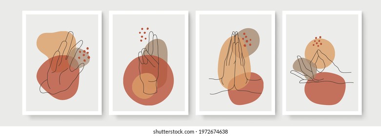 Hand gesture boho style wall art decor. Creative minimalist hand draw abstract art. Modern illustrations. Bohemian style collection