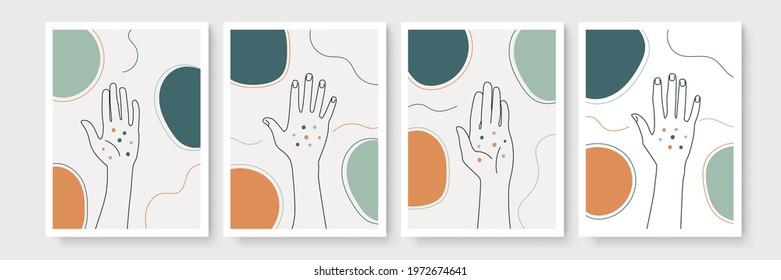 Hand gesture boho style wall art decor. Creative minimalist hand draw abstract art. Modern illustrations. Bohemian style collection