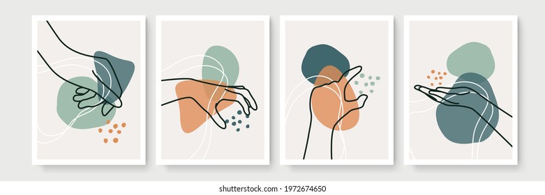 Hand gesture boho style wall art decor. Creative minimalist hand draw abstract art. Modern illustrations. Bohemian style collection