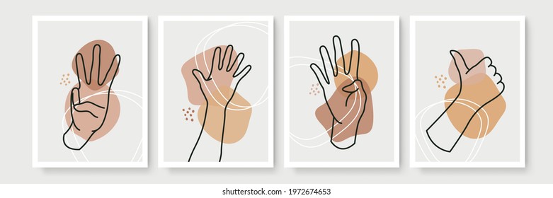 Hand gesture boho style wall art decor. Creative minimalist hand draw abstract art. Modern illustrations. Bohemian style collection