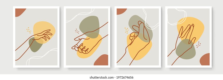 Hand gesture boho style wall art decor. Creative minimalist hand draw abstract art. Modern illustrations. Bohemian style collection
