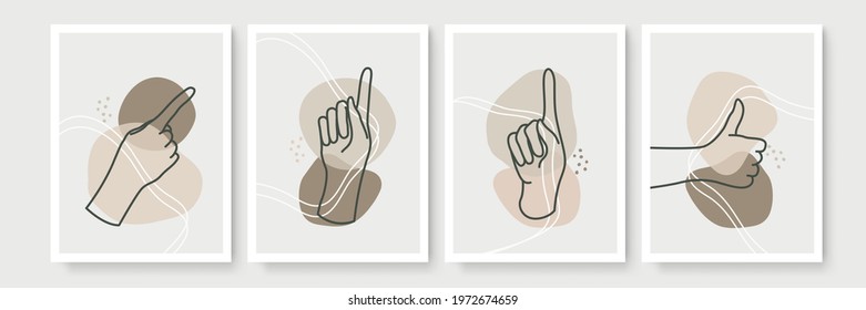 Hand gesture boho style wall art decor. Creative minimalist hand draw abstract art. Modern illustrations. Bohemian style collection